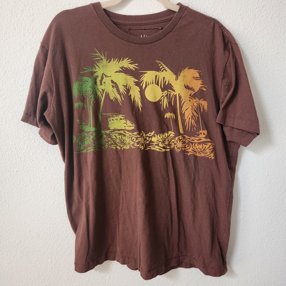 Red Camel Mens Large Brown Tropical Palm Tree‎ Van Graphic T Shirt